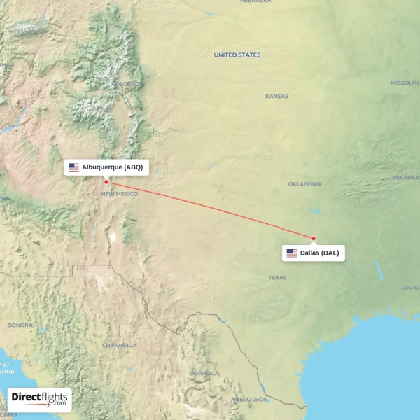 Albuquerque - Dallas direct flight map