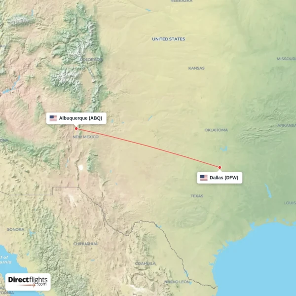 Albuquerque - Dallas direct flight map