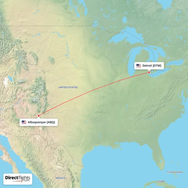Albuquerque - Detroit direct flight map