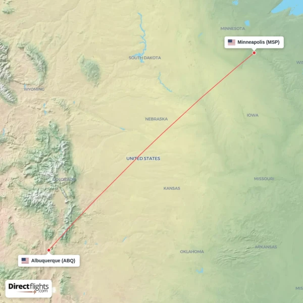 Albuquerque - Minneapolis direct flight map