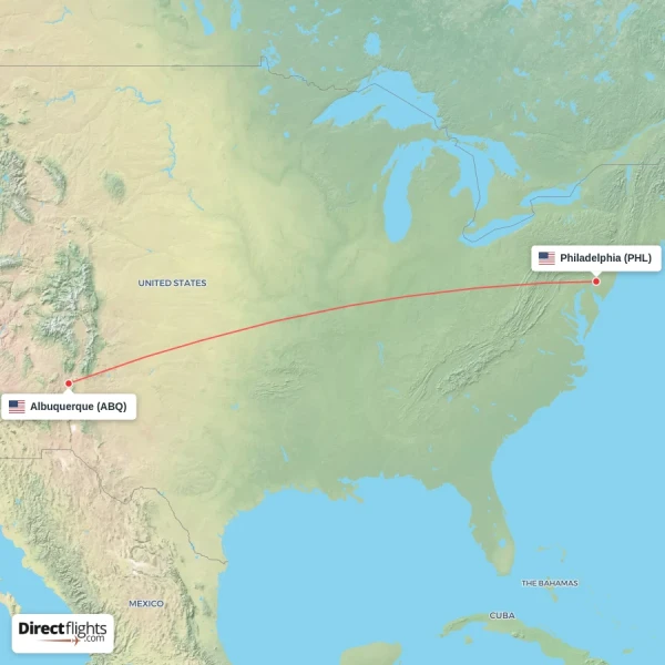 Albuquerque - Philadelphia direct flight map