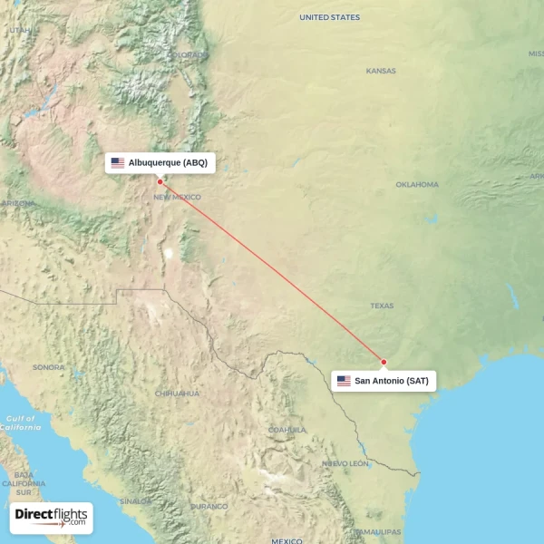 Albuquerque - San Antonio direct flight map