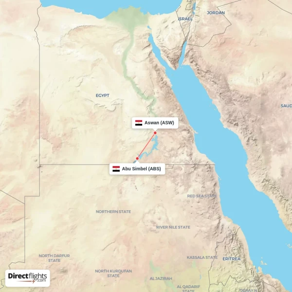 Abu Simbel - Aswan direct flight map