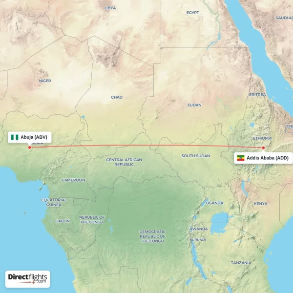 Abuja - Addis Ababa direct flight map