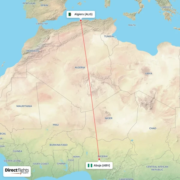 Abuja - Algiers direct flight map