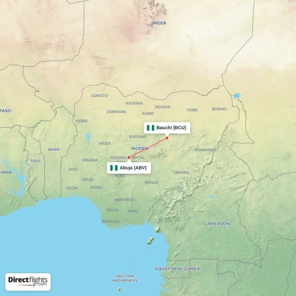 Abuja - Bauchi direct flight map