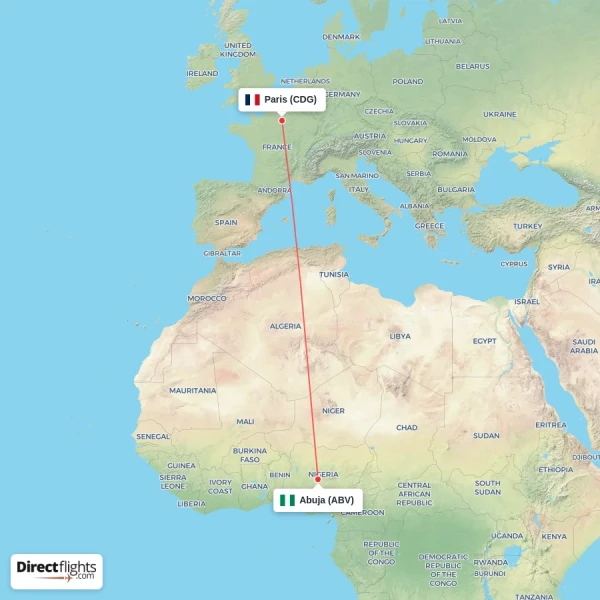 Abuja - Paris direct flight map