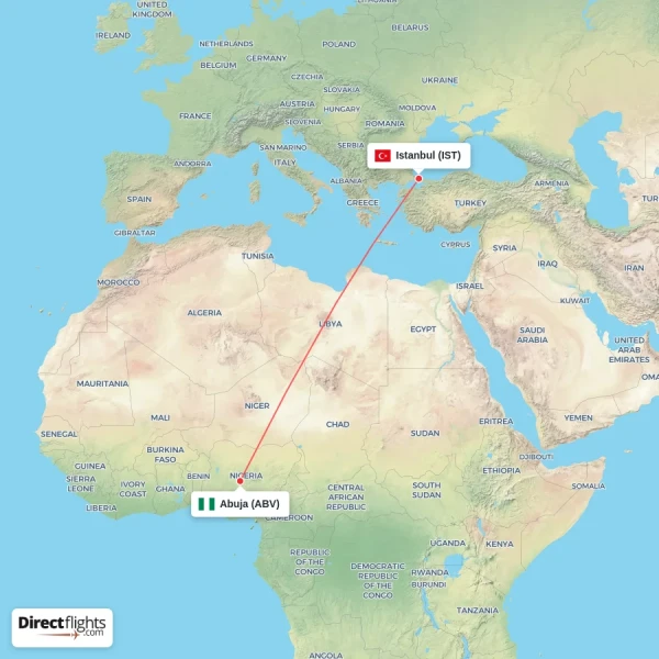 Abuja - Istanbul direct flight map