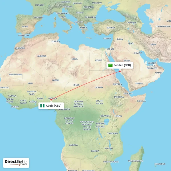 Abuja - Jeddah direct flight map