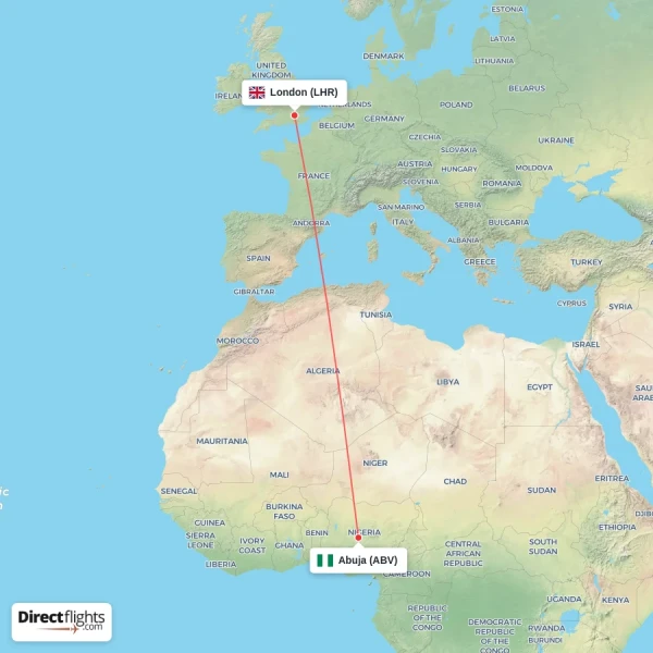Abuja - London direct flight map