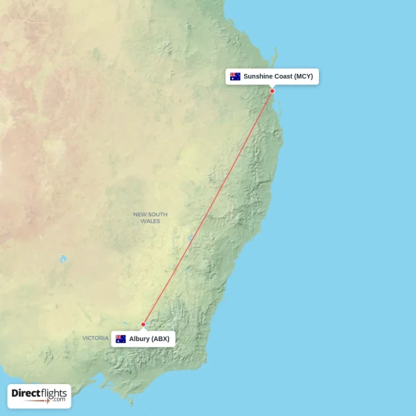 Albury - Sunshine Coast direct flight map