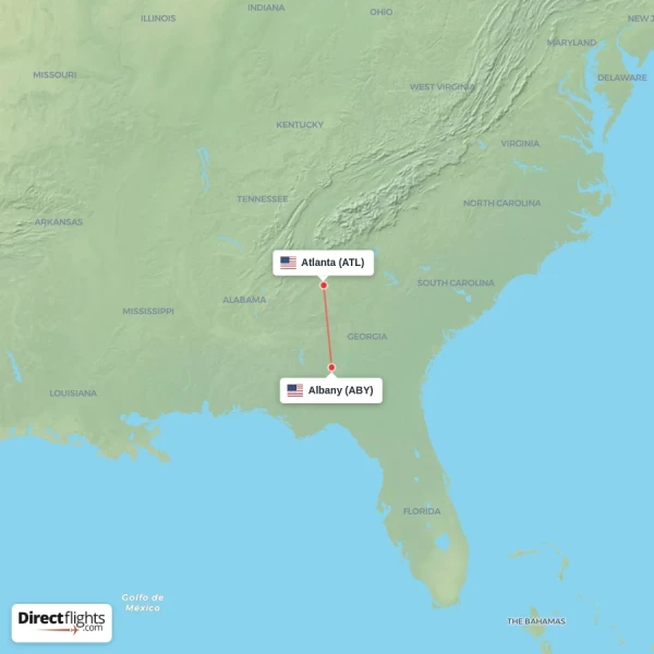 Albany - Atlanta direct flight map