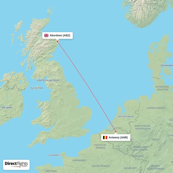 Aberdeen - Antwerp direct flight map