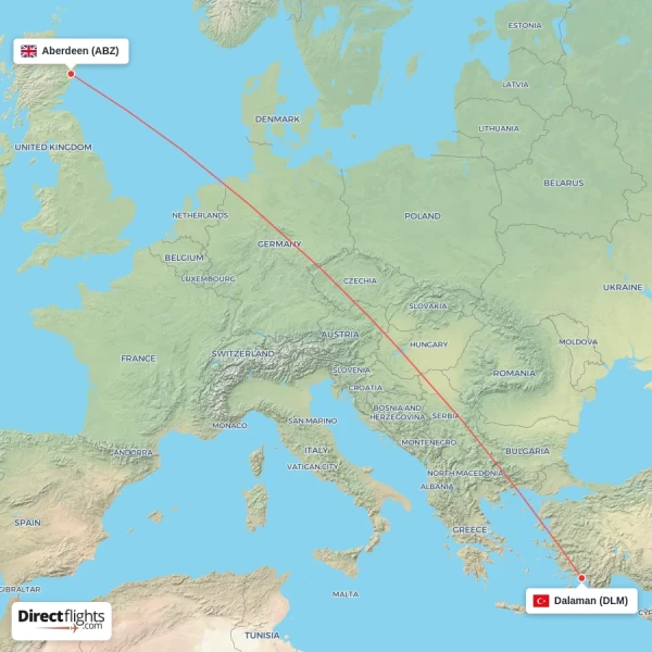Aberdeen - Dalaman direct flight map