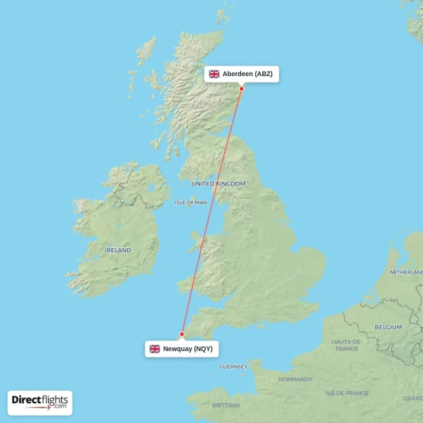Aberdeen - Newquay direct flight map
