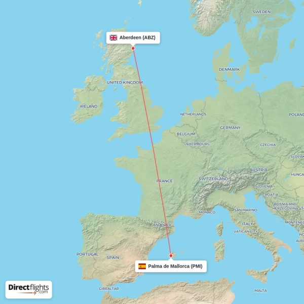 Aberdeen - Palma de Mallorca direct flight map