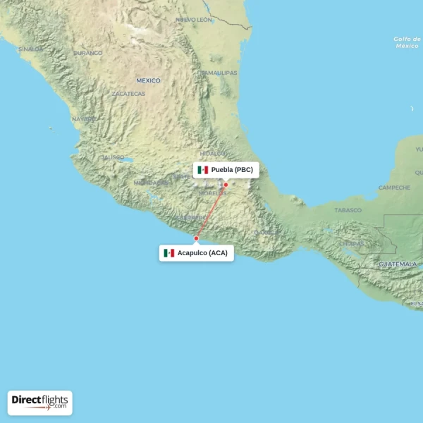 Acapulco - Puebla direct flight map