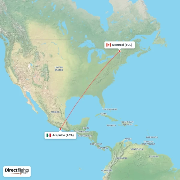 Acapulco - Montreal direct flight map