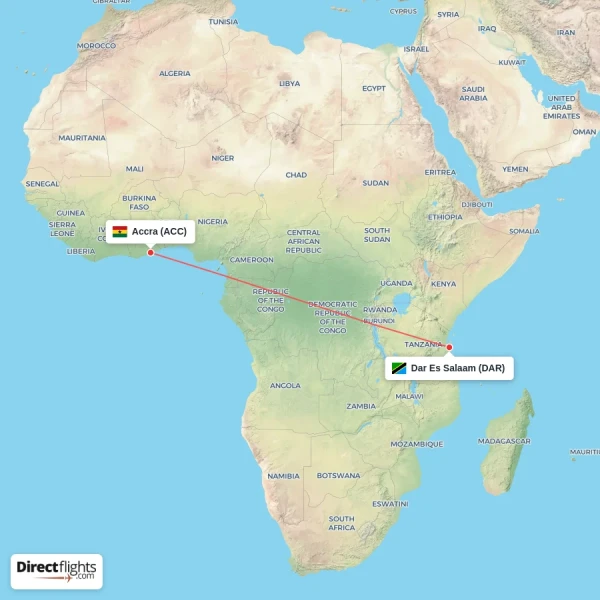 Accra - Dar Es Salaam direct flight map