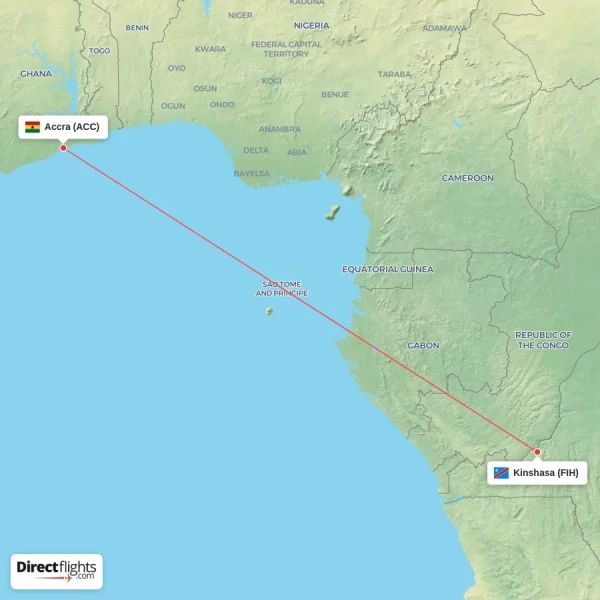 Accra - Kinshasa direct flight map