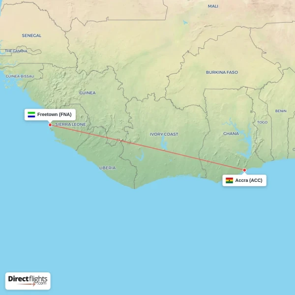 Accra - Freetown direct flight map