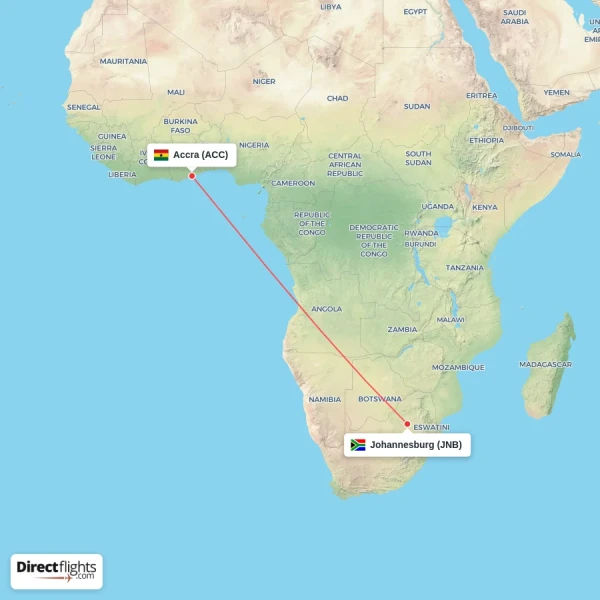 Accra - Johannesburg direct flight map