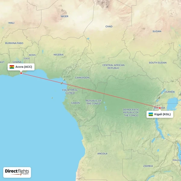 Accra - Kigali direct flight map