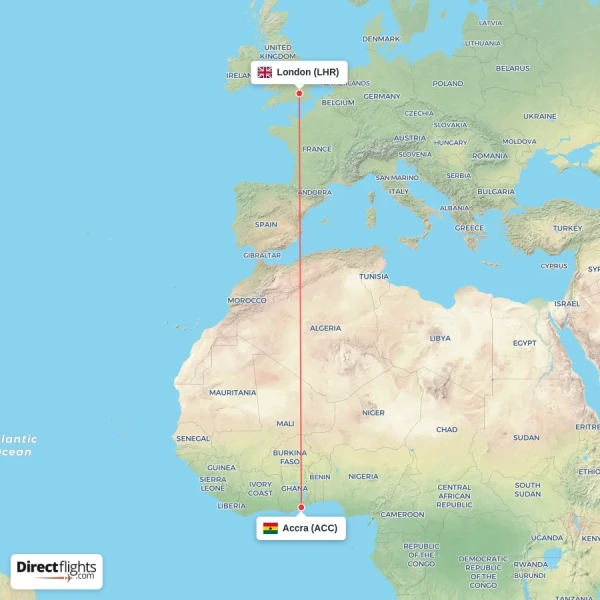 Accra - London direct flight map