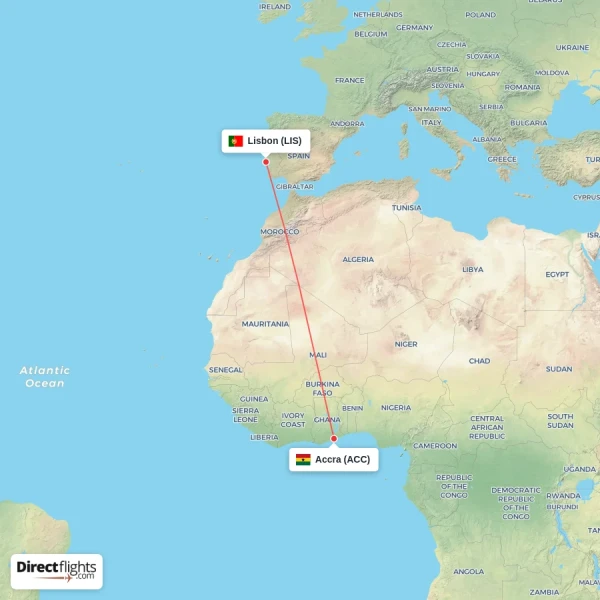 Accra - Lisbon direct flight map