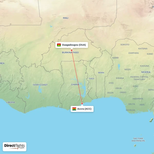 Accra - Ouagadougou direct flight map