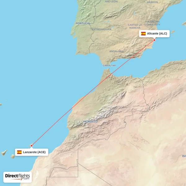 Lanzarote - Alicante direct flight map