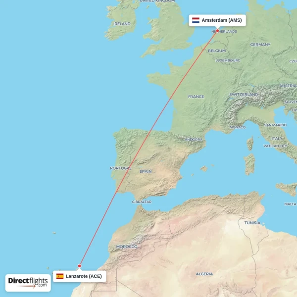 Lanzarote - Amsterdam direct flight map