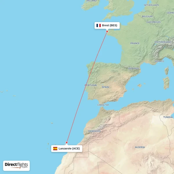 Lanzarote - Brest direct flight map