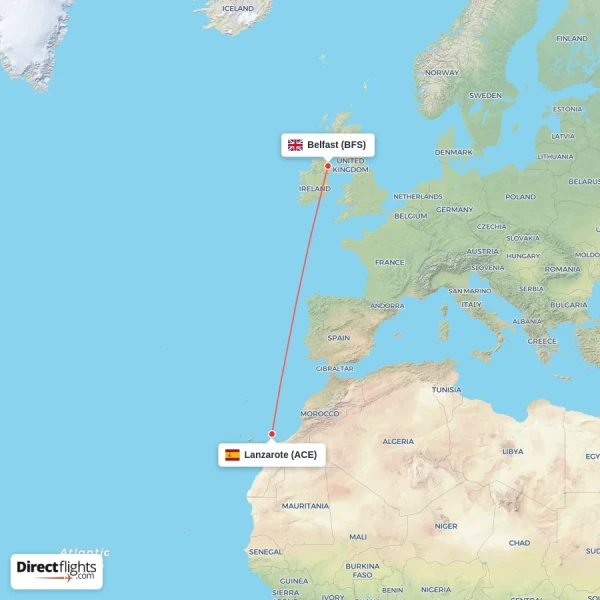Lanzarote - Belfast direct flight map