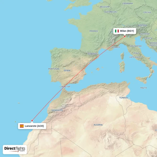 Lanzarote - Milan direct flight map