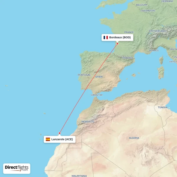 Lanzarote - Bordeaux direct flight map