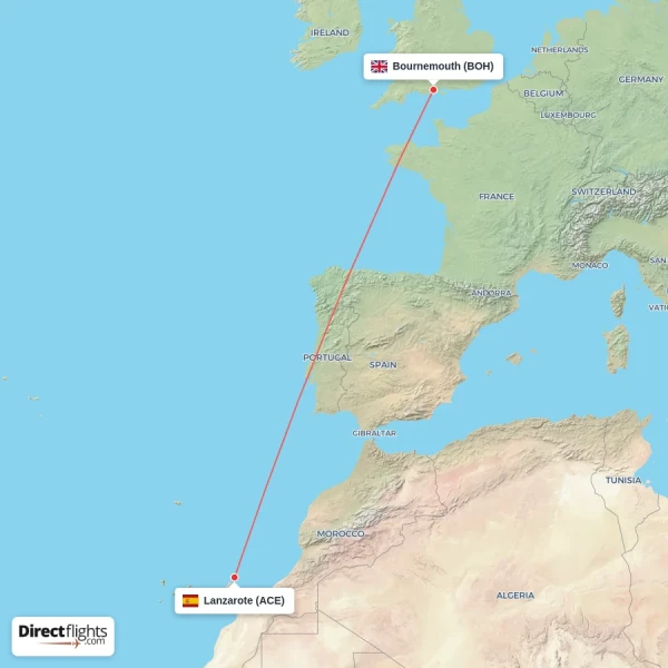 Lanzarote - Bournemouth direct flight map
