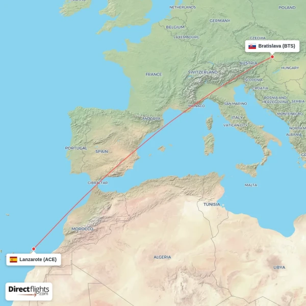 Lanzarote - Bratislava direct flight map