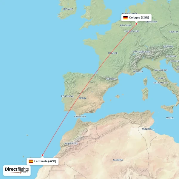 Lanzarote - Cologne direct flight map