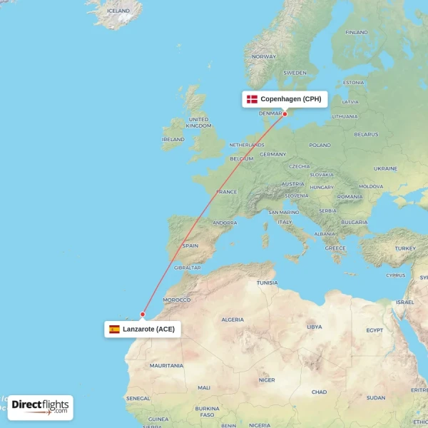 Lanzarote - Copenhagen direct flight map