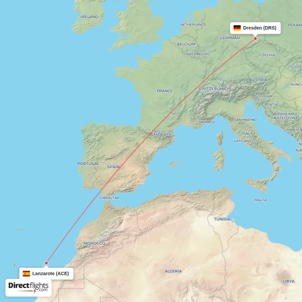 Lanzarote - Dresden direct flight map