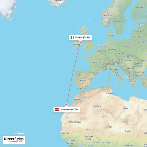 Lanzarote - Dublin direct flight map