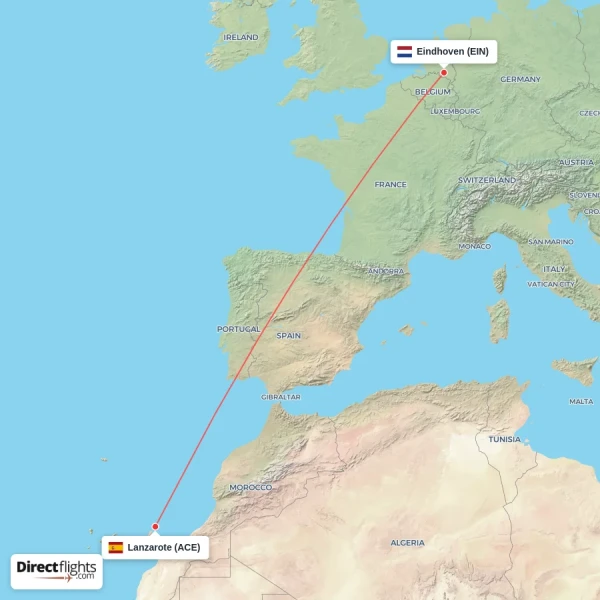 Lanzarote - Eindhoven direct flight map