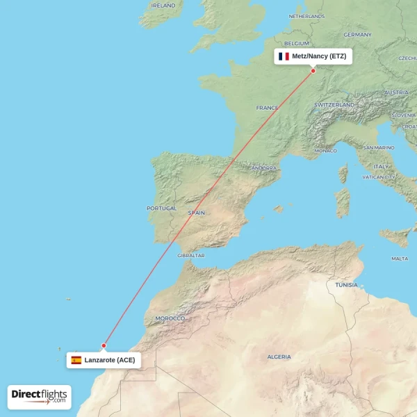 Lanzarote - Metz/Nancy direct flight map
