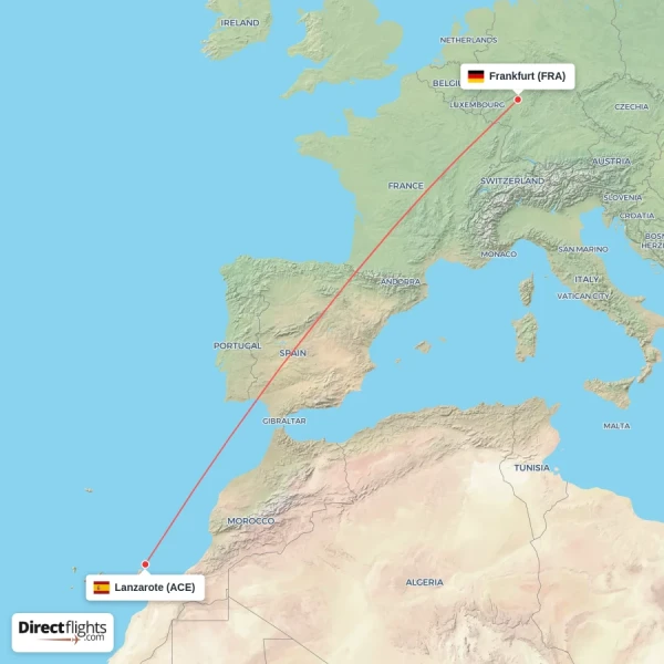 Lanzarote - Frankfurt direct flight map