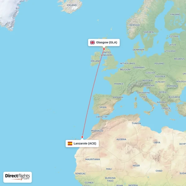 Lanzarote - Glasgow direct flight map