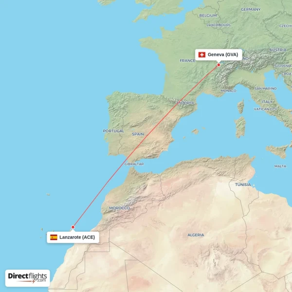 Lanzarote - Geneva direct flight map