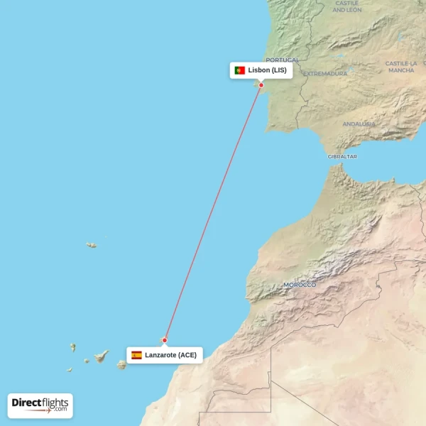 Lanzarote - Lisbon direct flight map