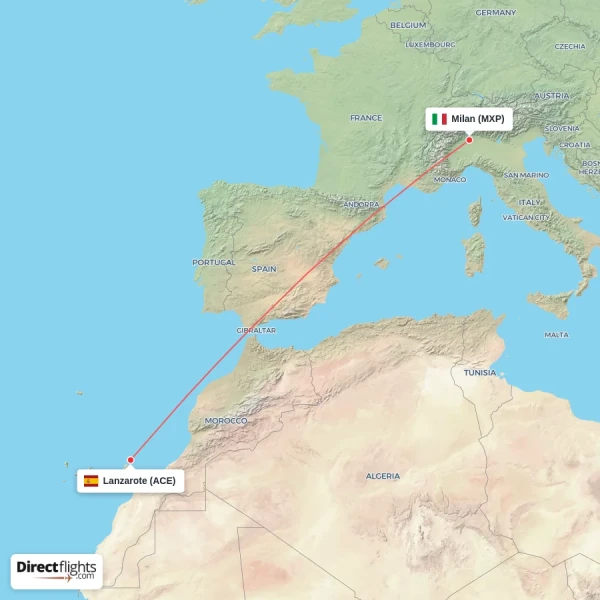 Lanzarote - Milan direct flight map
