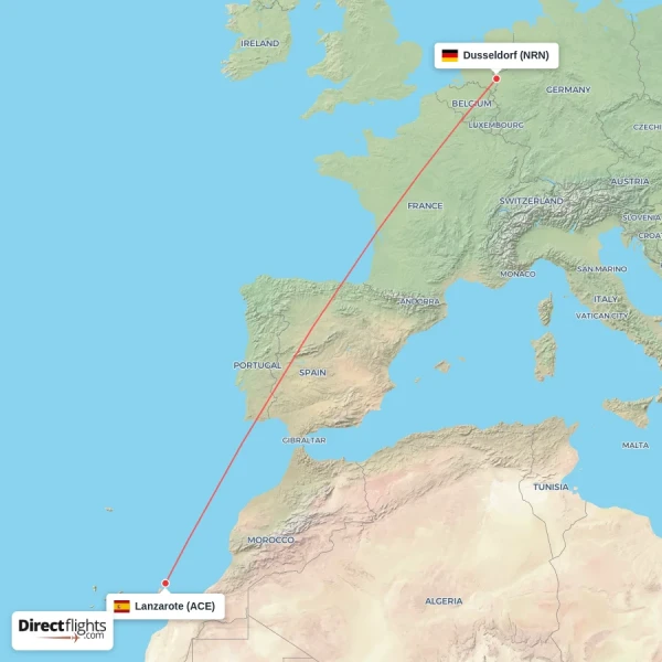 Lanzarote - Dusseldorf direct flight map